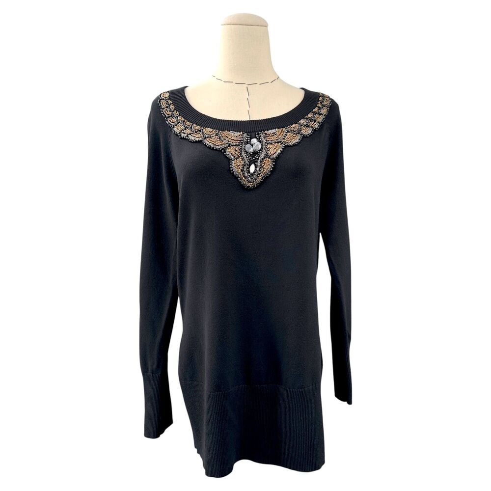 Motto‎ Black Long Sleeve Beaded Lace Jeweled Sweater Womens Medium